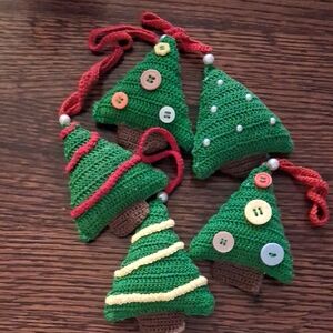 Festive Green Crochet Christmas Tree Ornaments Set